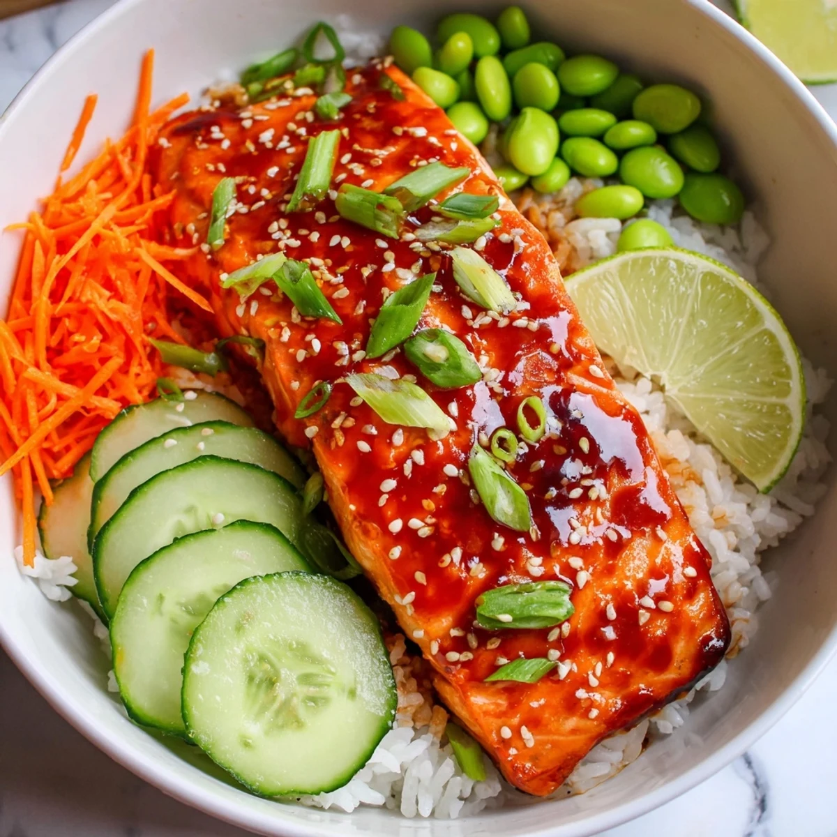 Glossy Sriracha honey glazed salmon bowls topped with sesame seeds and fresh vegetables