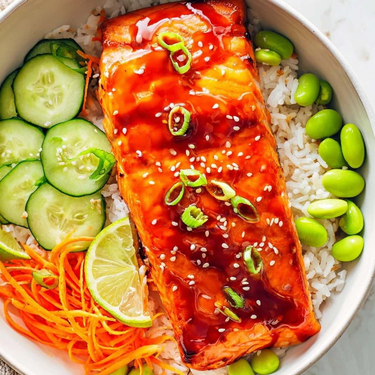 Golden caramelized salmon fillet resting on steamed rice with crisp cucumber and carrots