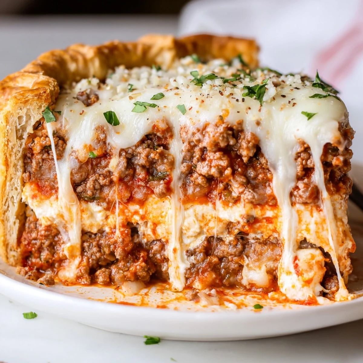 Golden bubbling cheesy lasagna pie with gooey layers fresh from the oven
