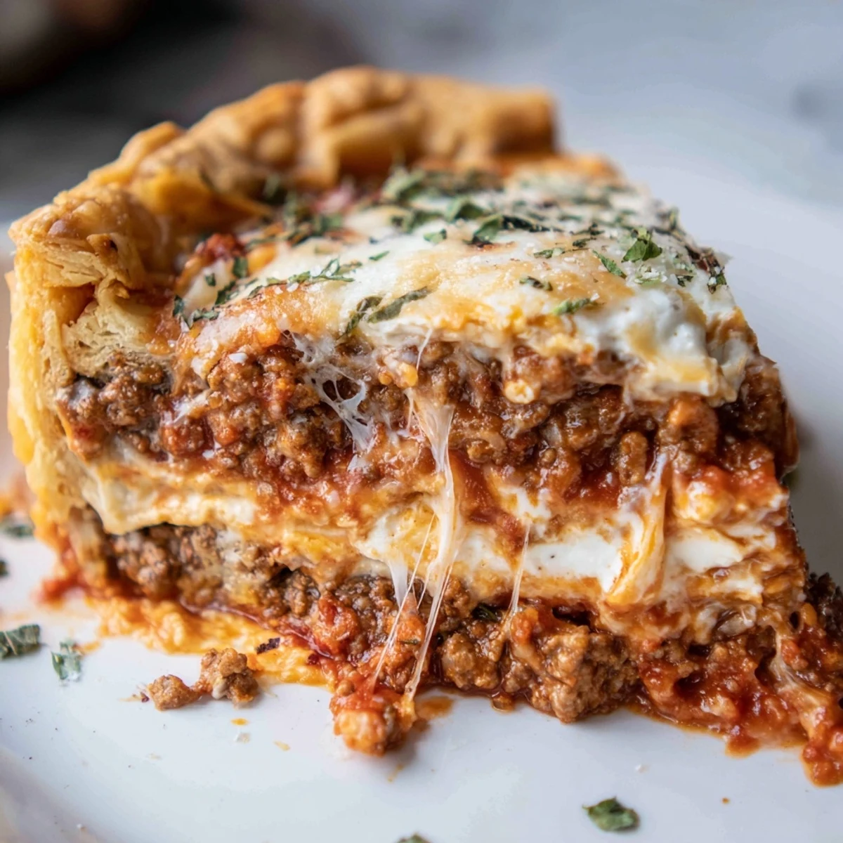 Cheesy lasagna pie sliced open revealing stretchy melted cheese and rich sauce