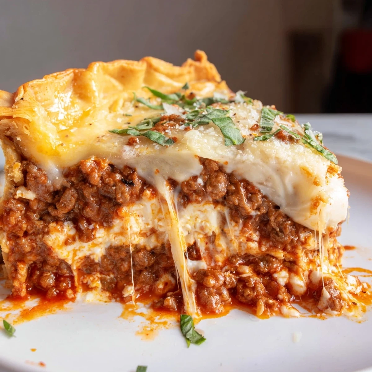 Steaming wedge of cheesy lasagna pie topped with fresh basil and melted mozzarella