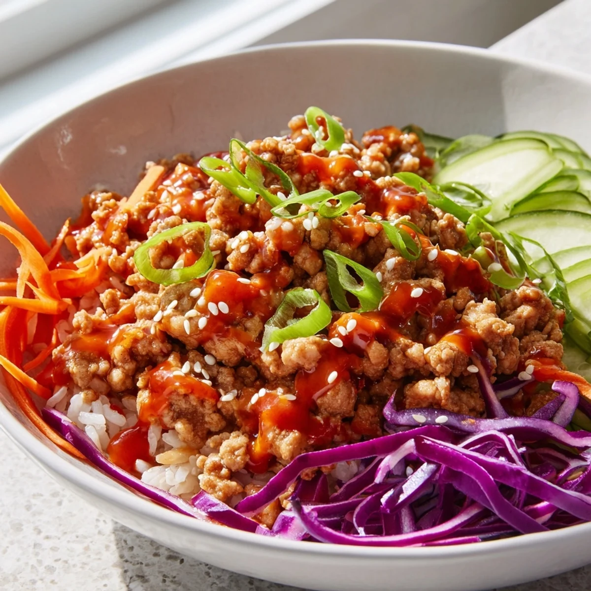Ground Turkey Rice Bowls topped with shredded carrots, red cabbage, and a generous Bang Bang drizzle