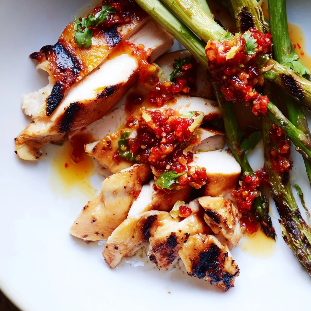 Juicy grilled asparagus chicken drizzled with vibrant, spicy Calabrian chili sauce on a rustic plate