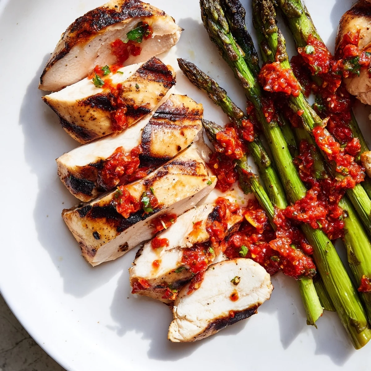 Smoky grilled asparagus chicken glistening with bold Calabrian chili sauce beside charred tender spears