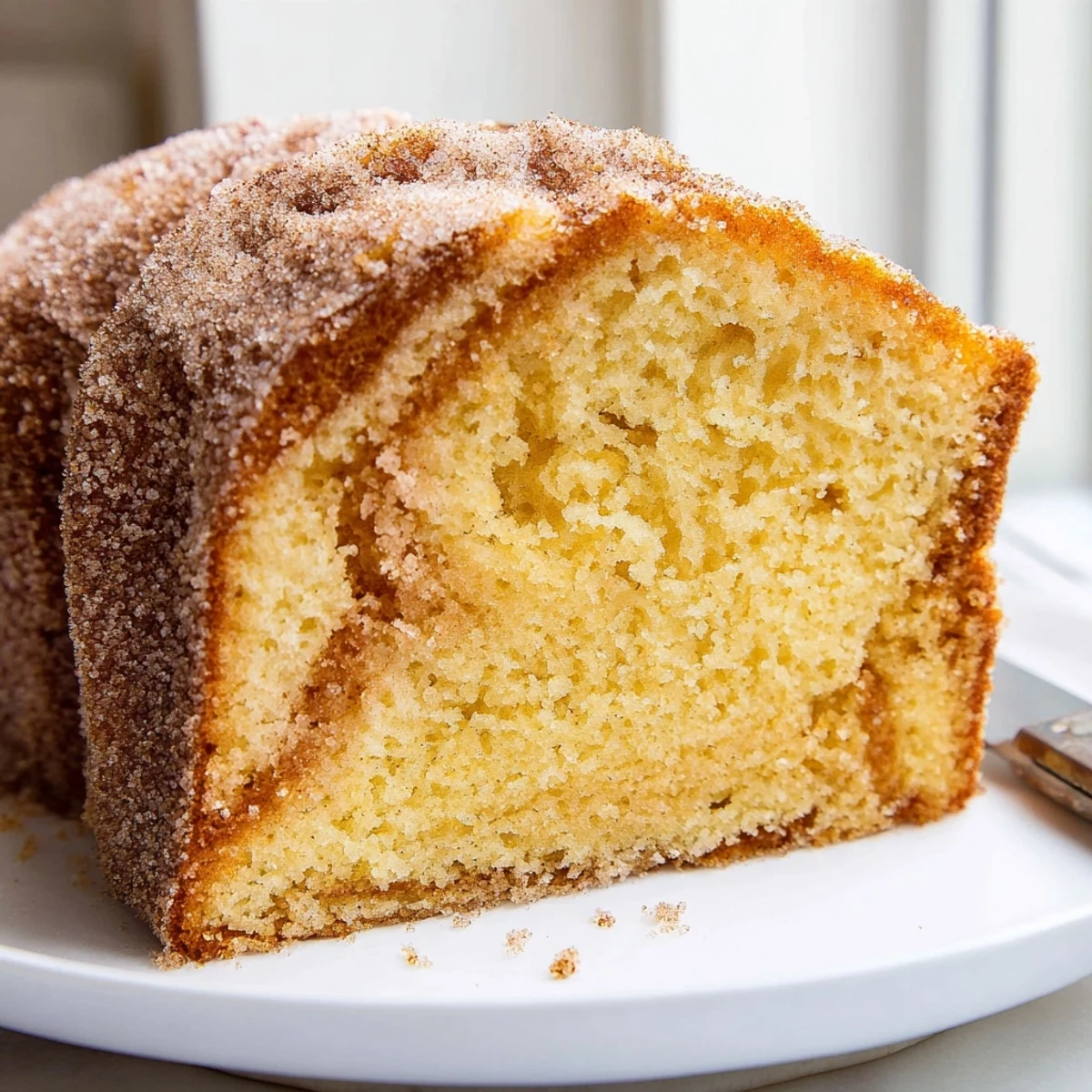 Warm cinnamon donut loaf sliced thick with a golden cinnamon-sugar crust on a rustic cutting board
