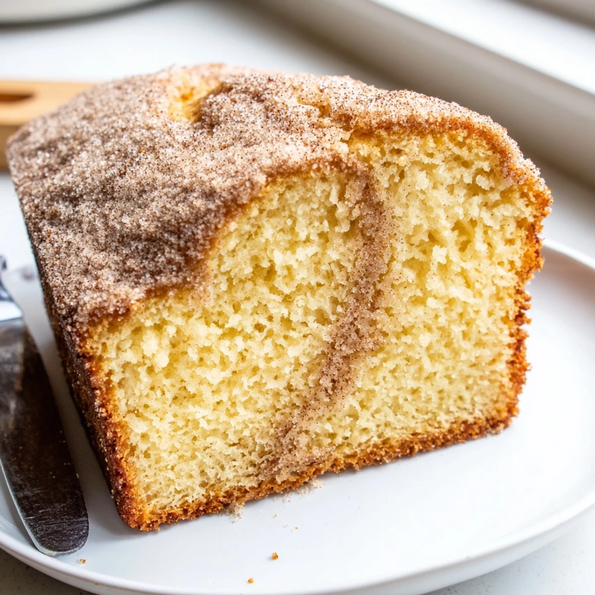 Moist cinnamon donut loaf glistening with buttery cinnamon sugar topping fresh from the oven
