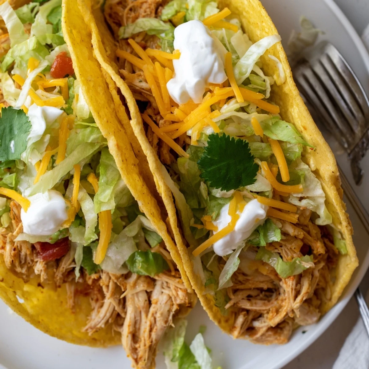Shredded slow cooker ranch chicken tacos loaded with sour cream and crisp lettuce