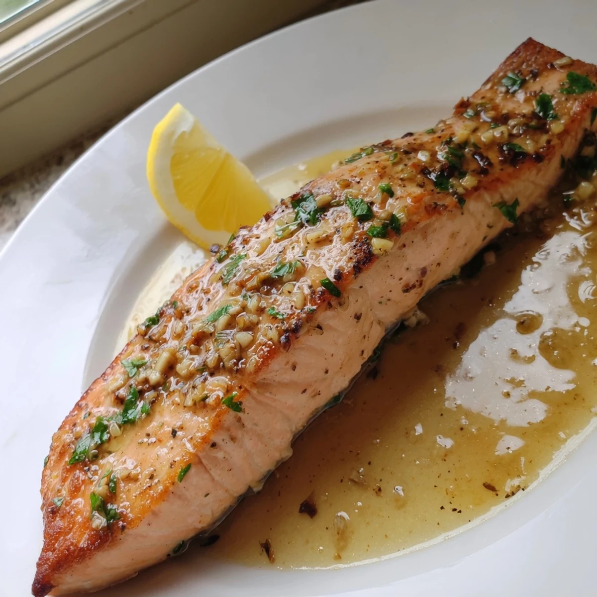 Pan-seared garlic butter salmon fillets glistening with golden sauce and fresh parsley