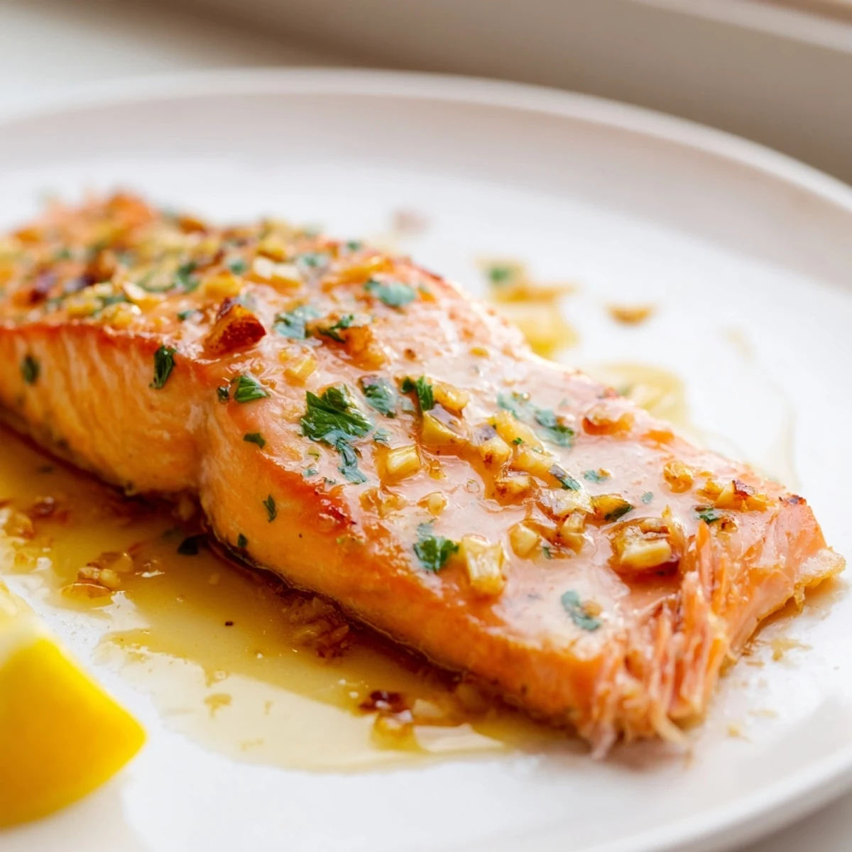 Crispy garlic butter salmon drizzled with rich lemon herb sauce on a white plate