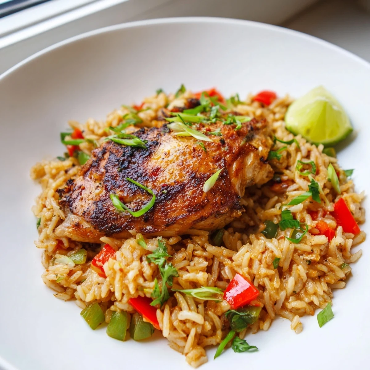 Spicy jerk chicken rice served in a skillet with fresh herbs and lime wedges