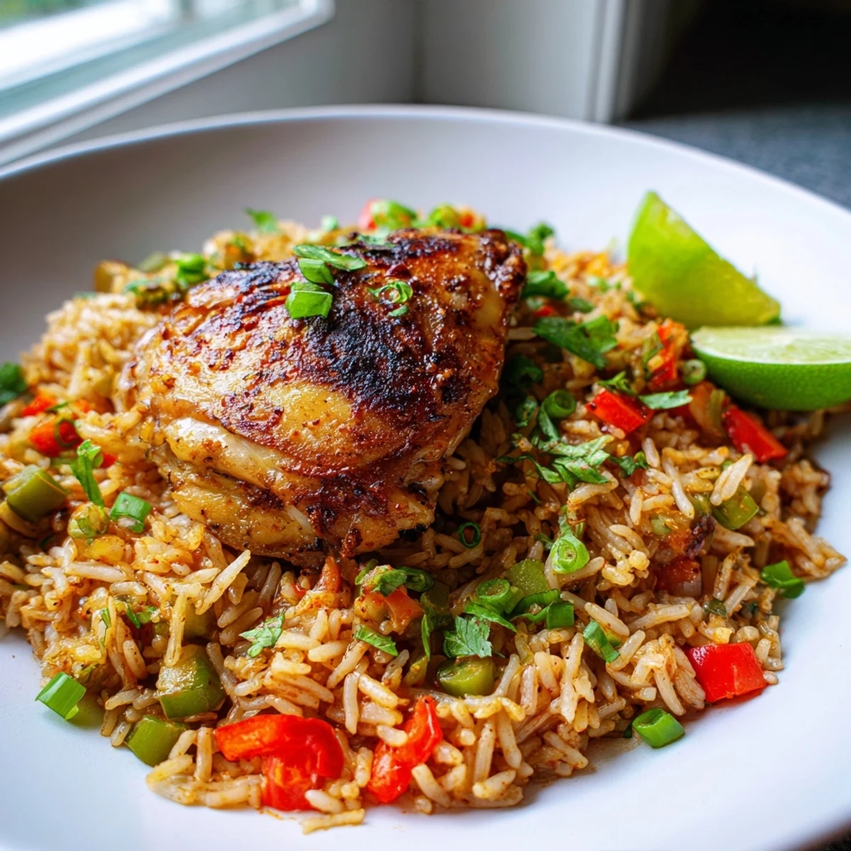 Golden seared spicy jerk chicken rice garnished with spring onions and cilantro