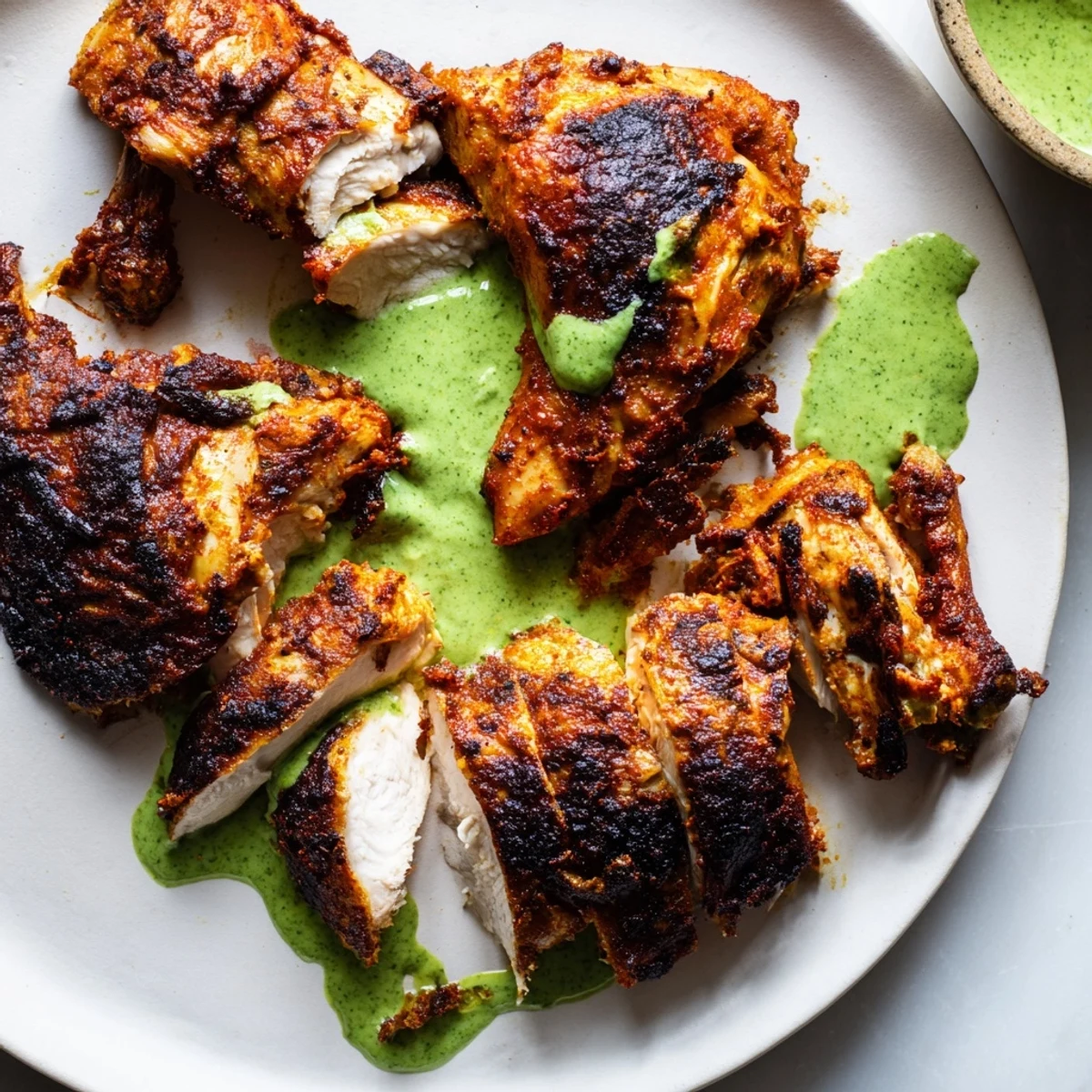 Golden Peruvian Chicken Delight with crispy skin and vibrant green aji verde sauce