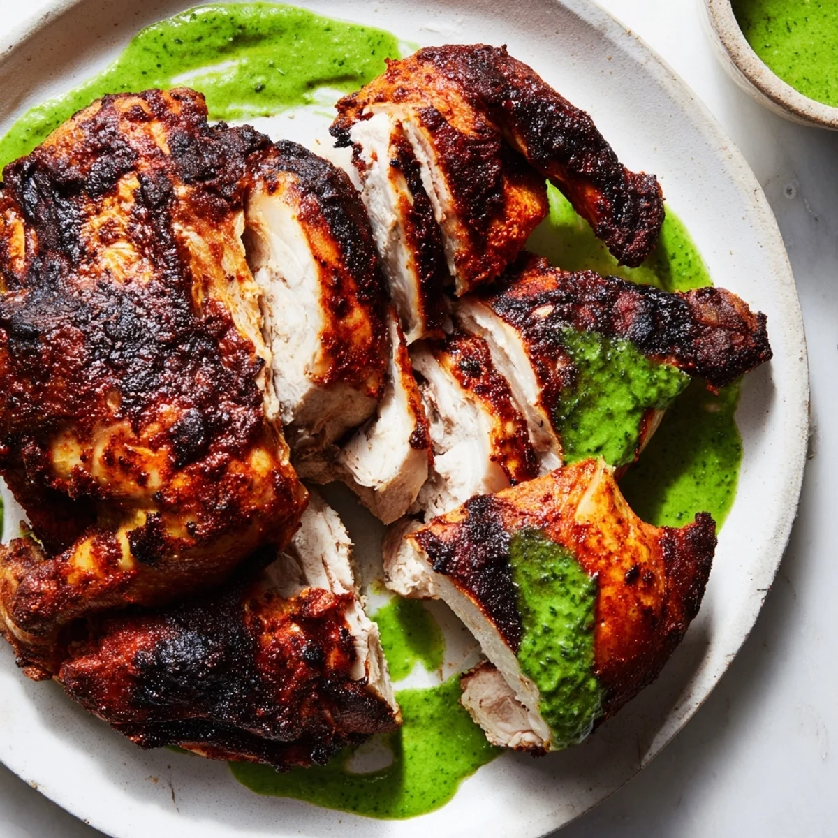 Juicy Peruvian Chicken Delight served on a platter with spicy herbaceous green sauce