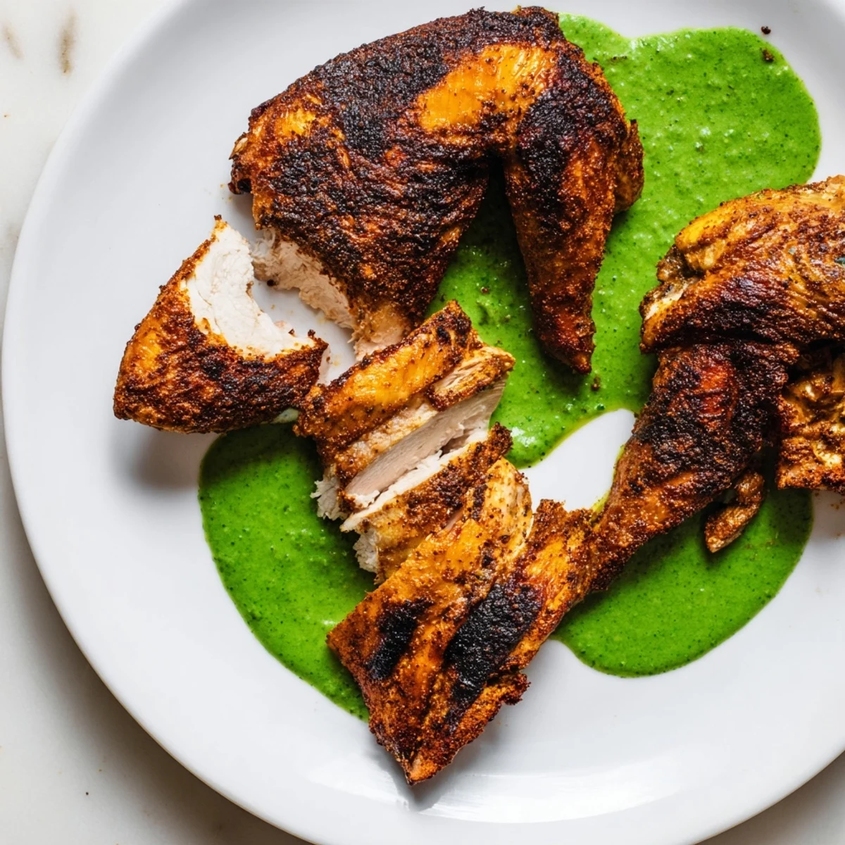 Succulent Peruvian Chicken Delight roasted whole, sliced and drizzled with creamy cilantro sauce