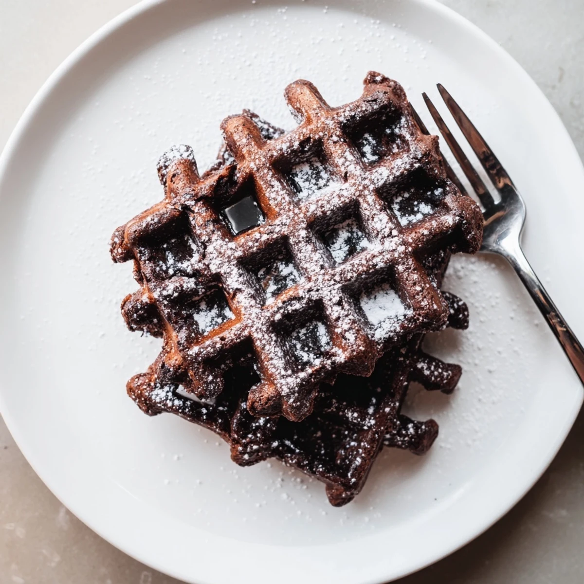 Fudgy brownie waffles with crisp edges drizzled in melted chocolate on a plate