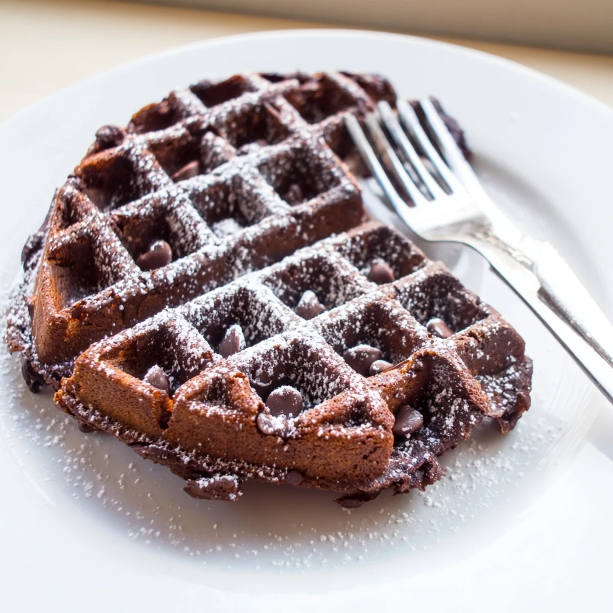 Warm fudgy brownie waffles topped with whipped cream and fresh berries