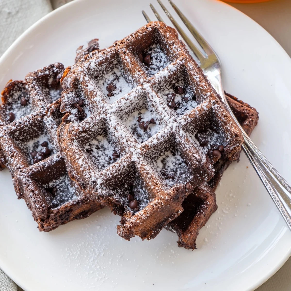 Thick fudgy brownie waffles fresh off the iron with gooey chocolate centers