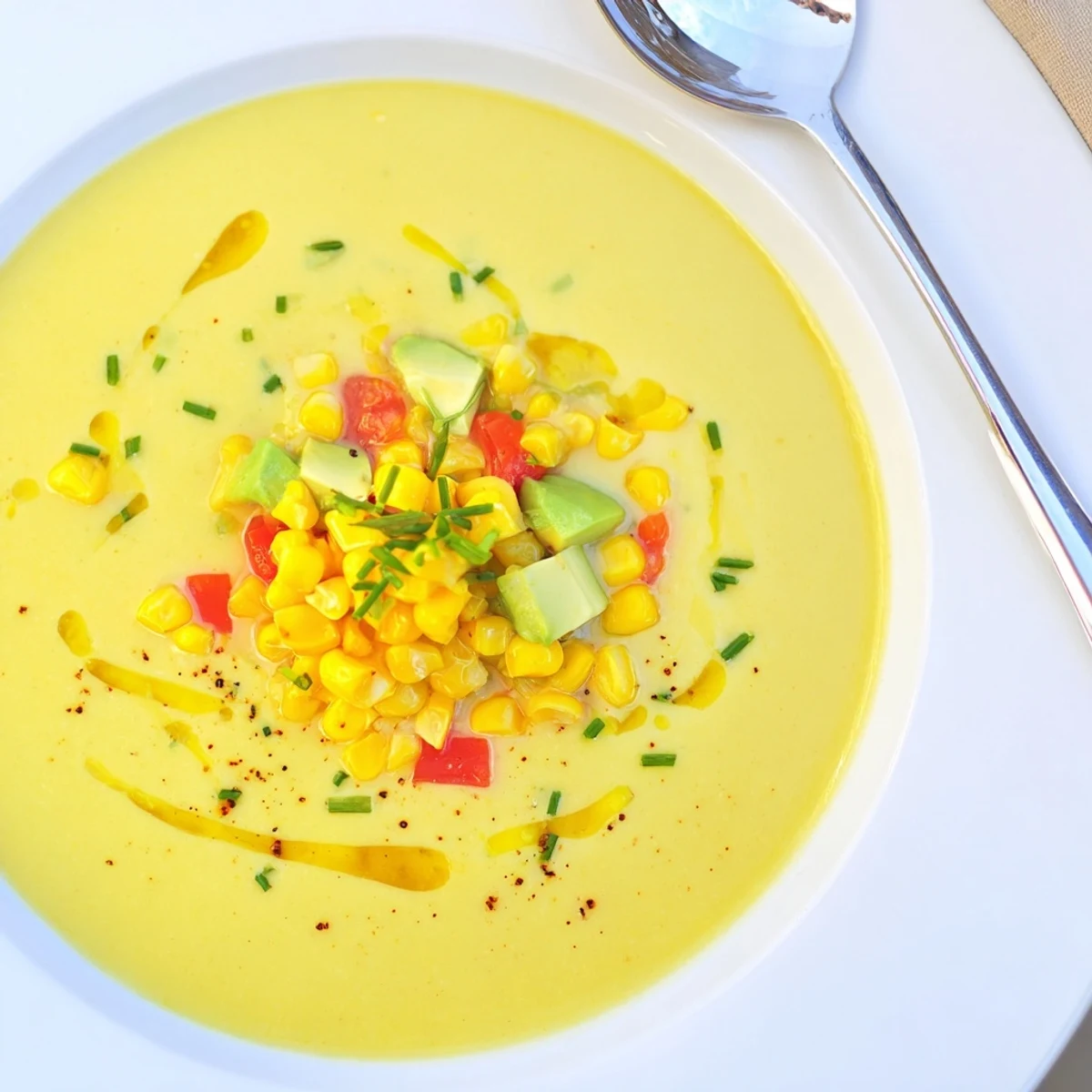 Chilled summer sweet corn gazpacho topped with raw corn kernels herbs and olive oil drizzle