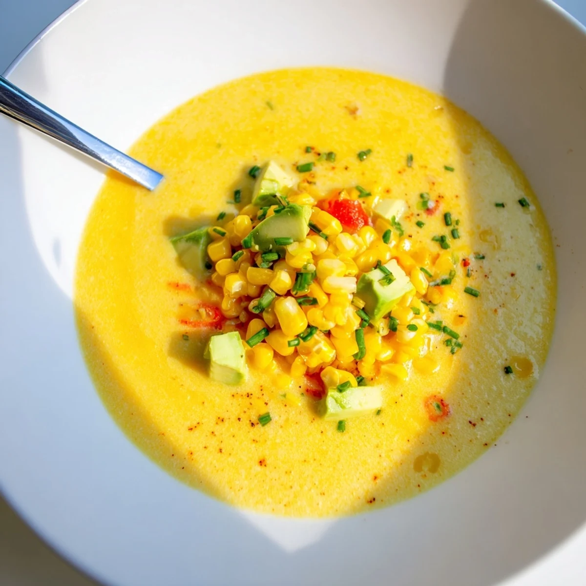 Bright yellow summer sweet corn gazpacho served in a white bowl with fresh avocado garnish