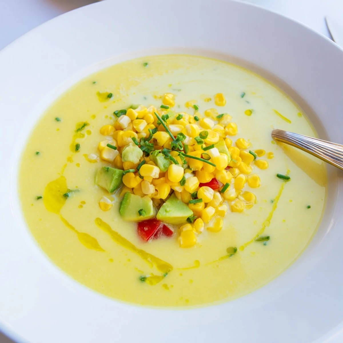 Creamy summer sweet corn gazpacho poured into shallow bowls alongside crusty bread for dipping