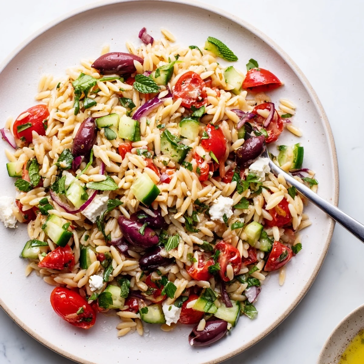 Juicy Mediterranean Orzo Pasta Salad with cherry tomatoes, olives, and zesty lemon dressing