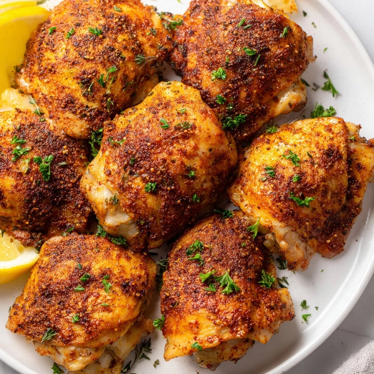 Golden crispy oven baked chicken thighs with herbs served on a rustic baking sheet