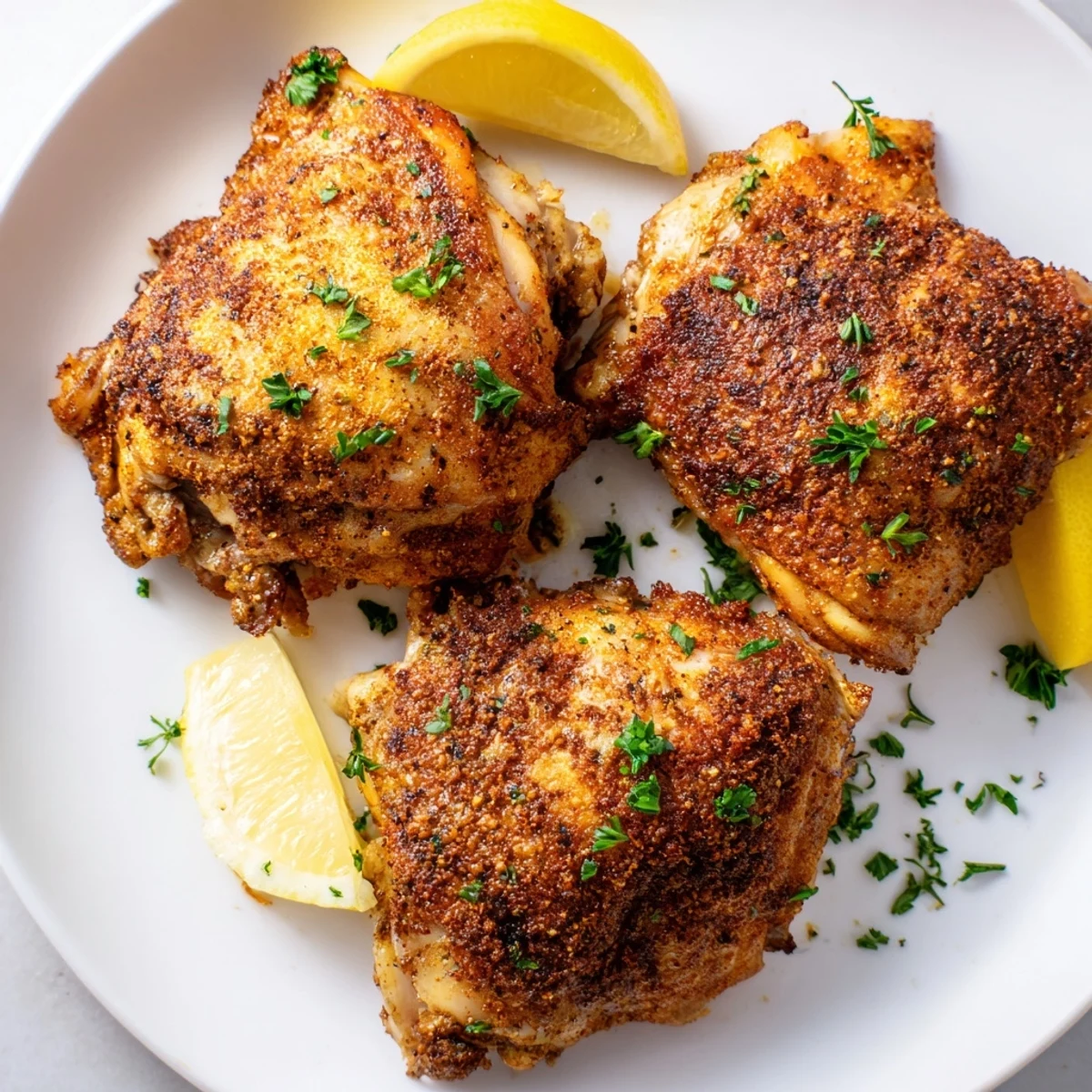 Juicy oven baked chicken thighs garnished with fresh parsley and bright lemon wedges