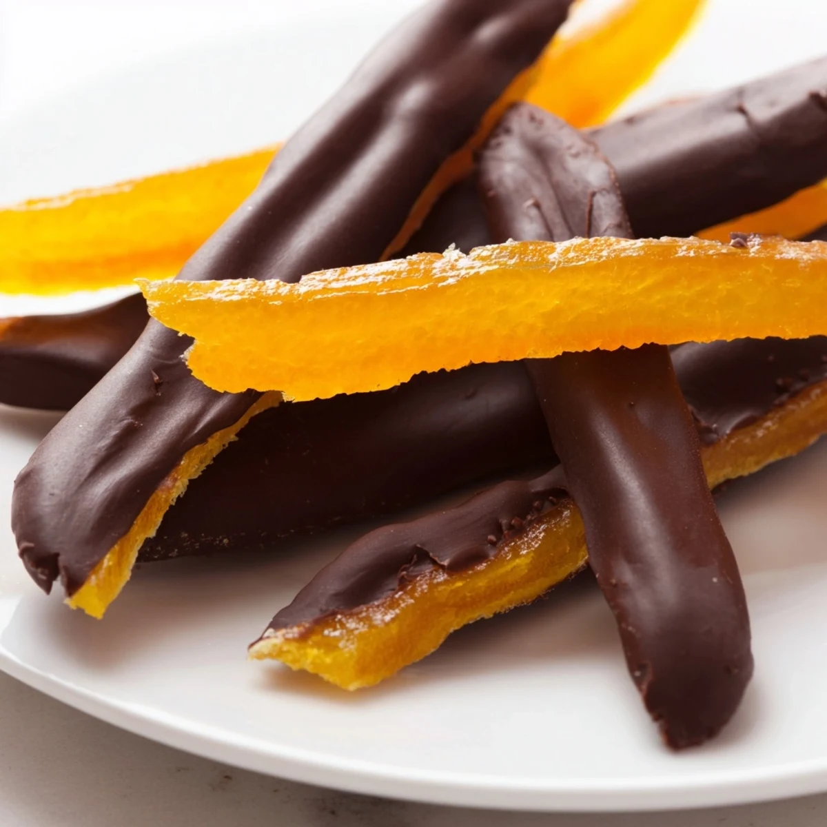 Glistening chocolate covered orange peels arranged on parchment with rich dark coating