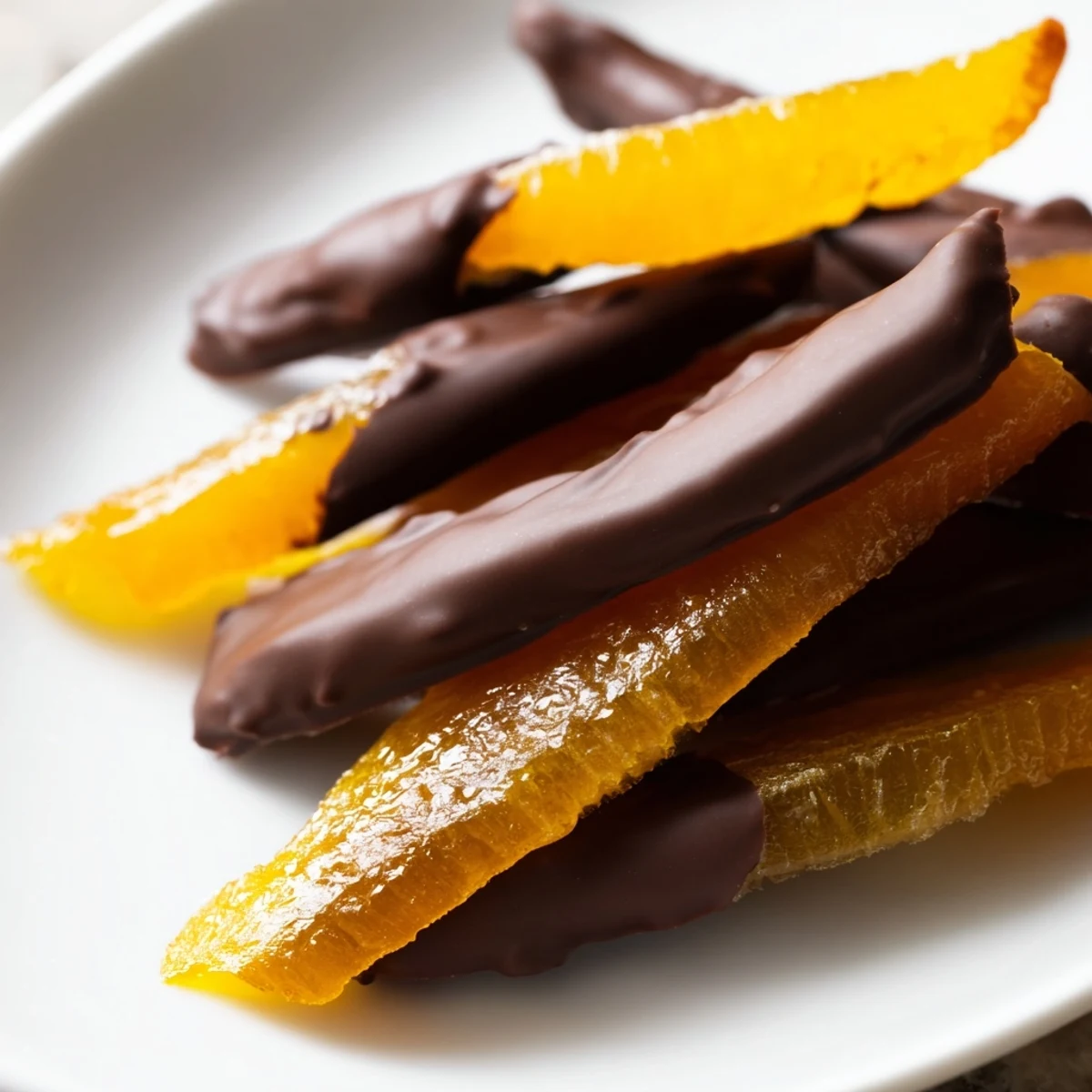 Candied orange strips dipped halfway in glossy dark chocolate on a wire rack