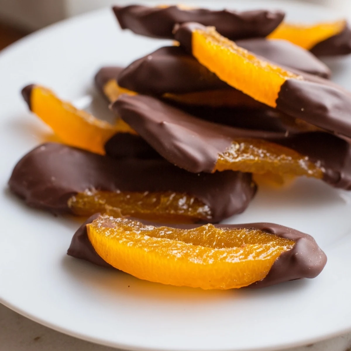 Dark chocolate covered orange peels stacked in an elegant gift box arrangement