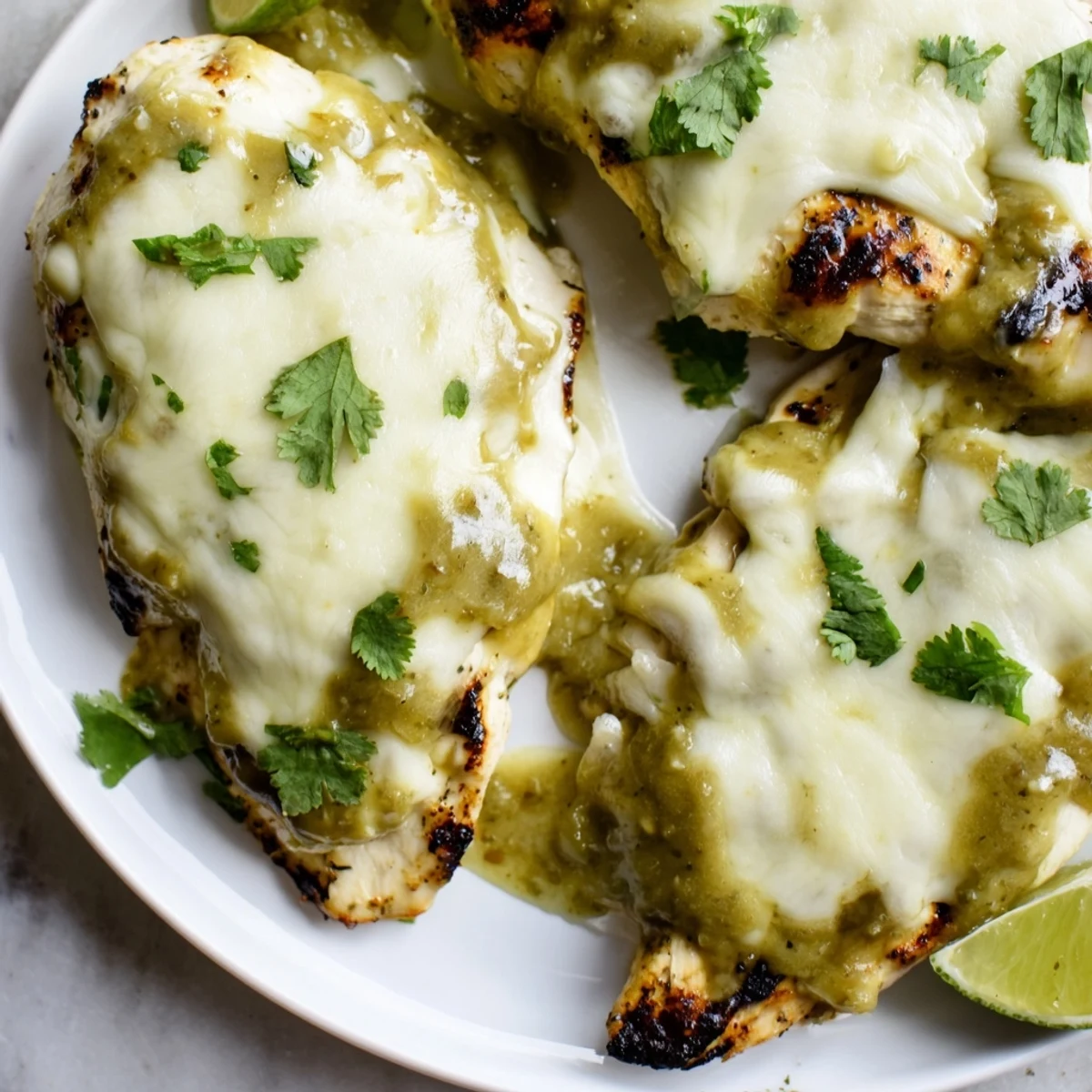 Juicy Cheesy Grilled Salsa Verde Pepper Jack Chicken topped with fresh cilantro and lime