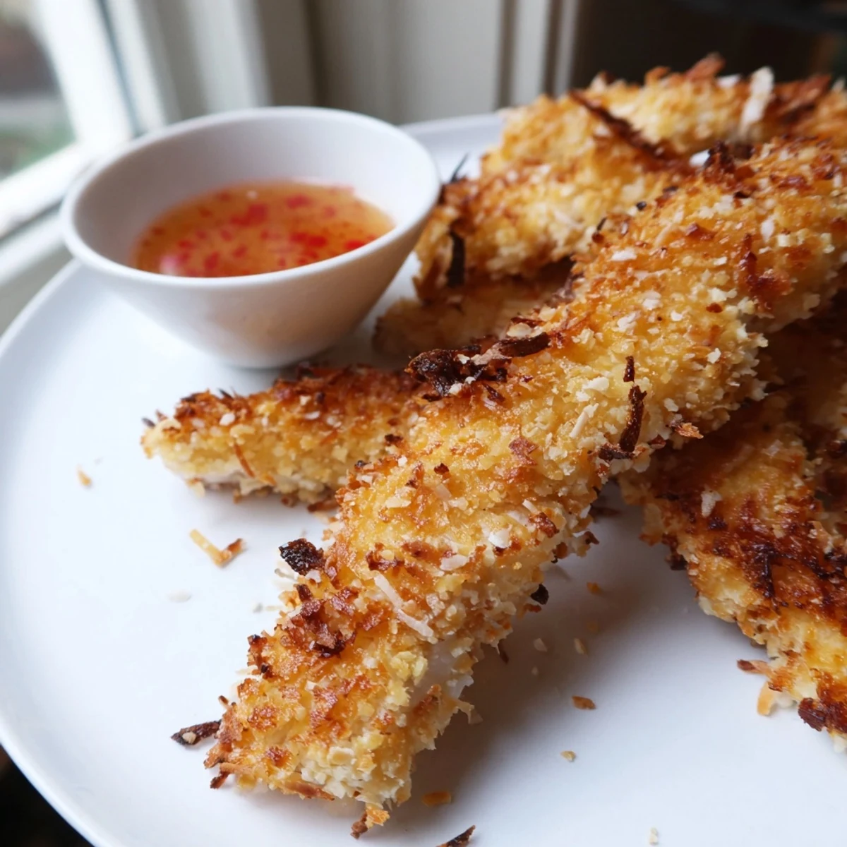 Golden Crunchy Coconut Chicken strips served with sweet chili dipping sauce on a rustic plate
