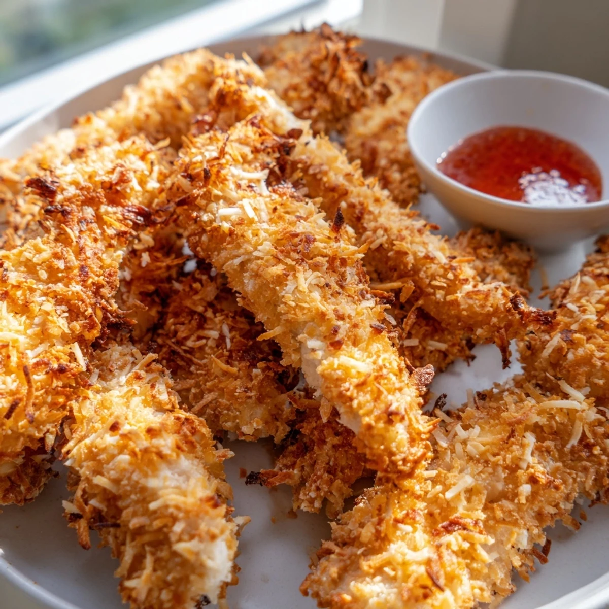 Crispy Crunchy Coconut Chicken fresh from the skillet with a golden coconut panko crust
