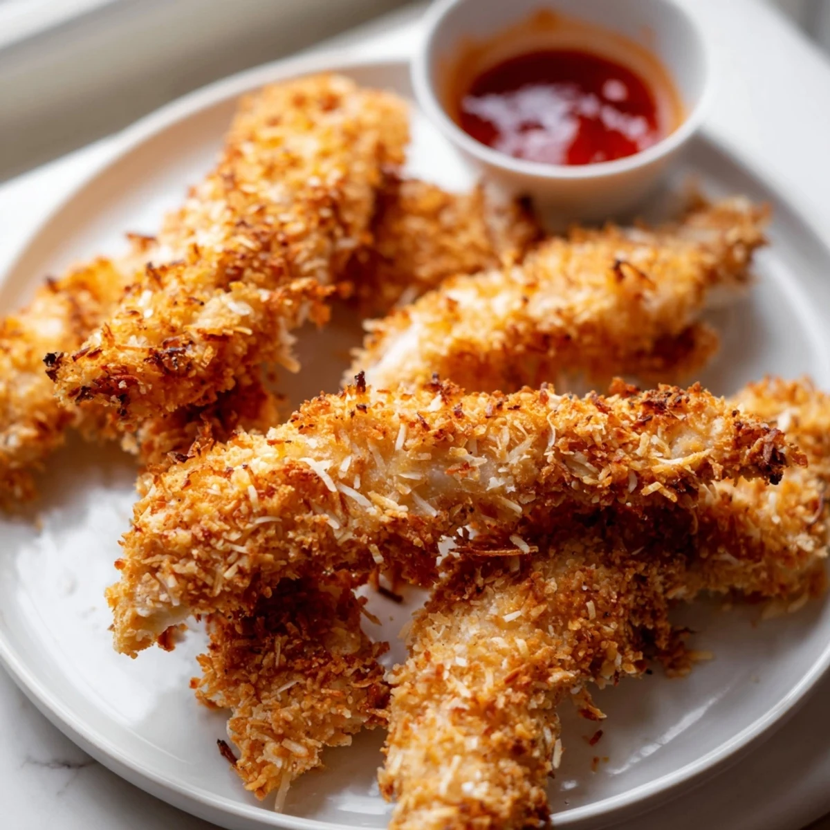 Crunchy Coconut Chicken arranged on a platter alongside mango chutney and fresh lime wedges