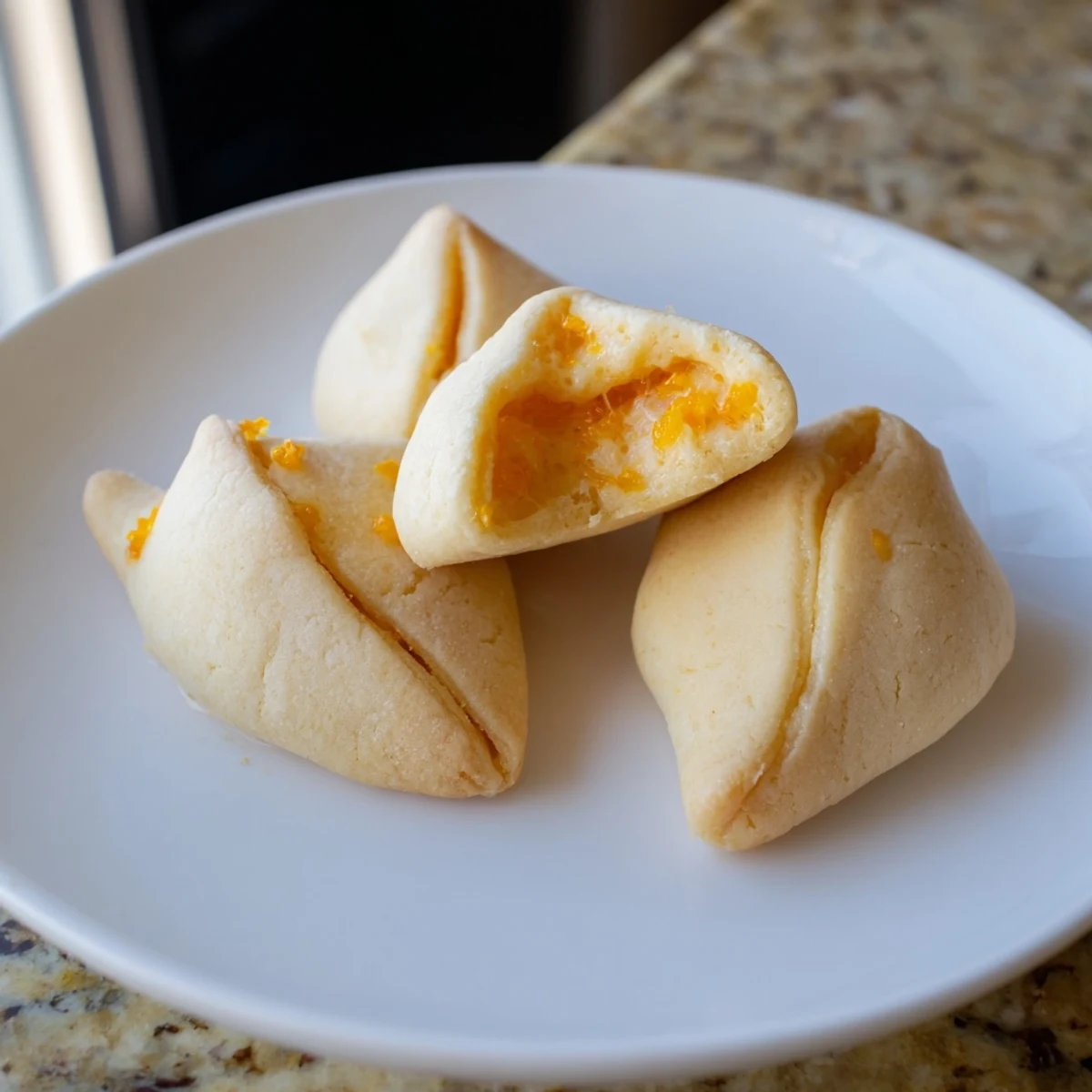 Creamsicle Hamentaschen triangles dusted with powdered sugar on a rustic baking sheet