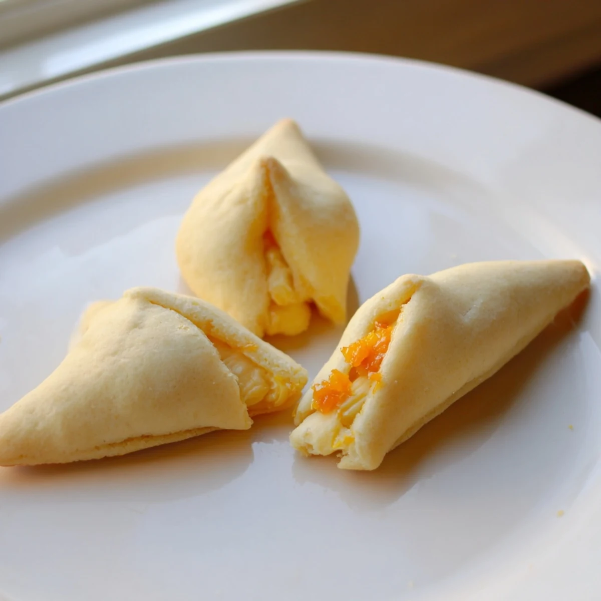 Soft vanilla-orange Creamsicle Hamentaschen cookies arranged on a festive Purim dessert platter