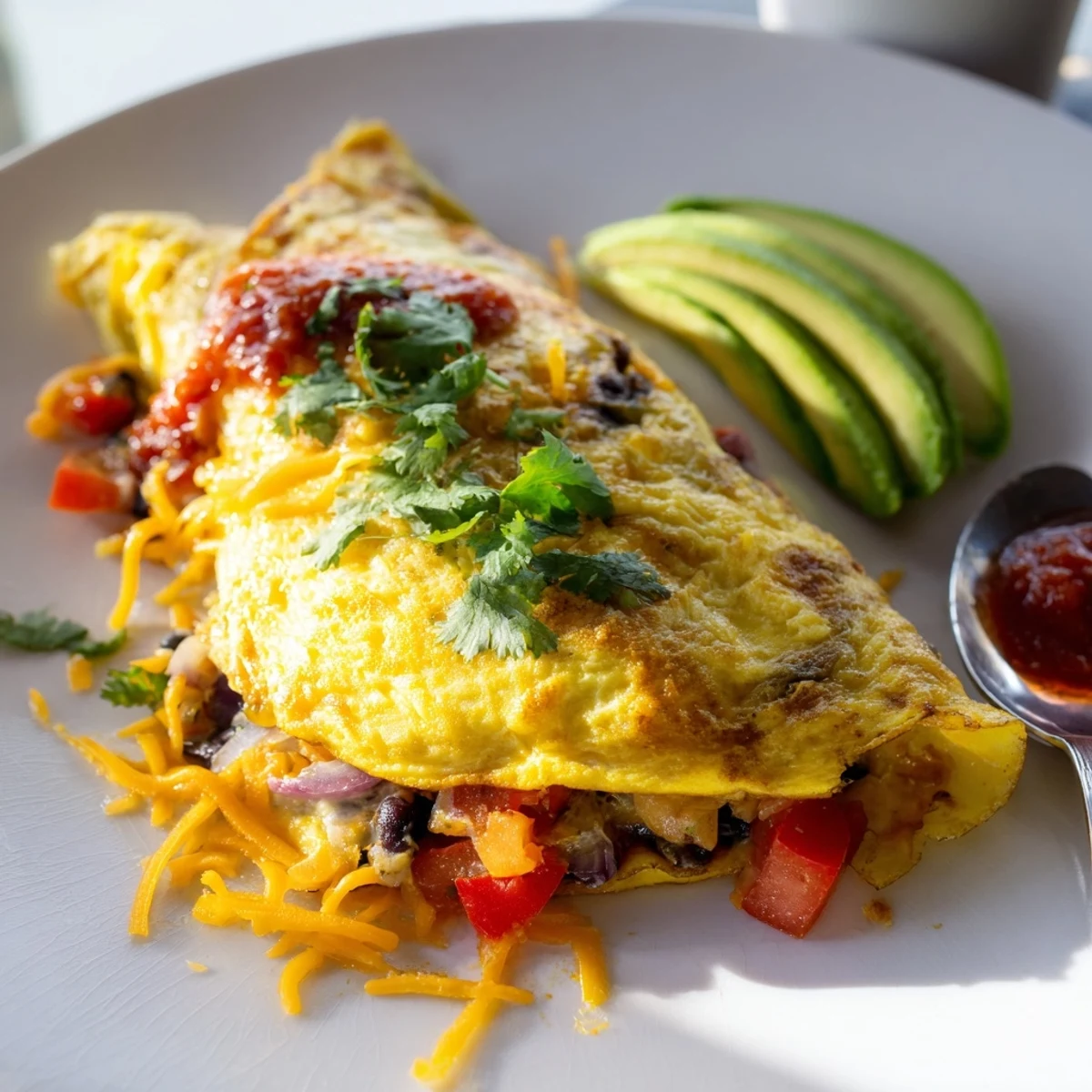 Golden Mexican omelette folded with melted cheese, beans, and colorful vegetables