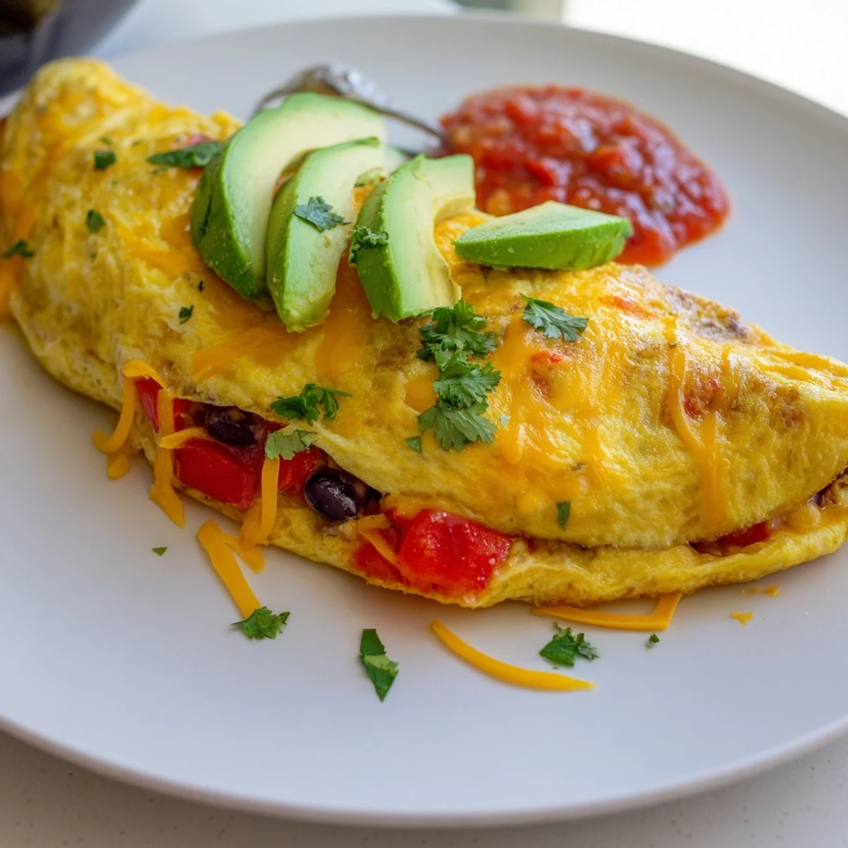 Fluffy Mexican omelette topped with sliced avocado, salsa, and lime wedges