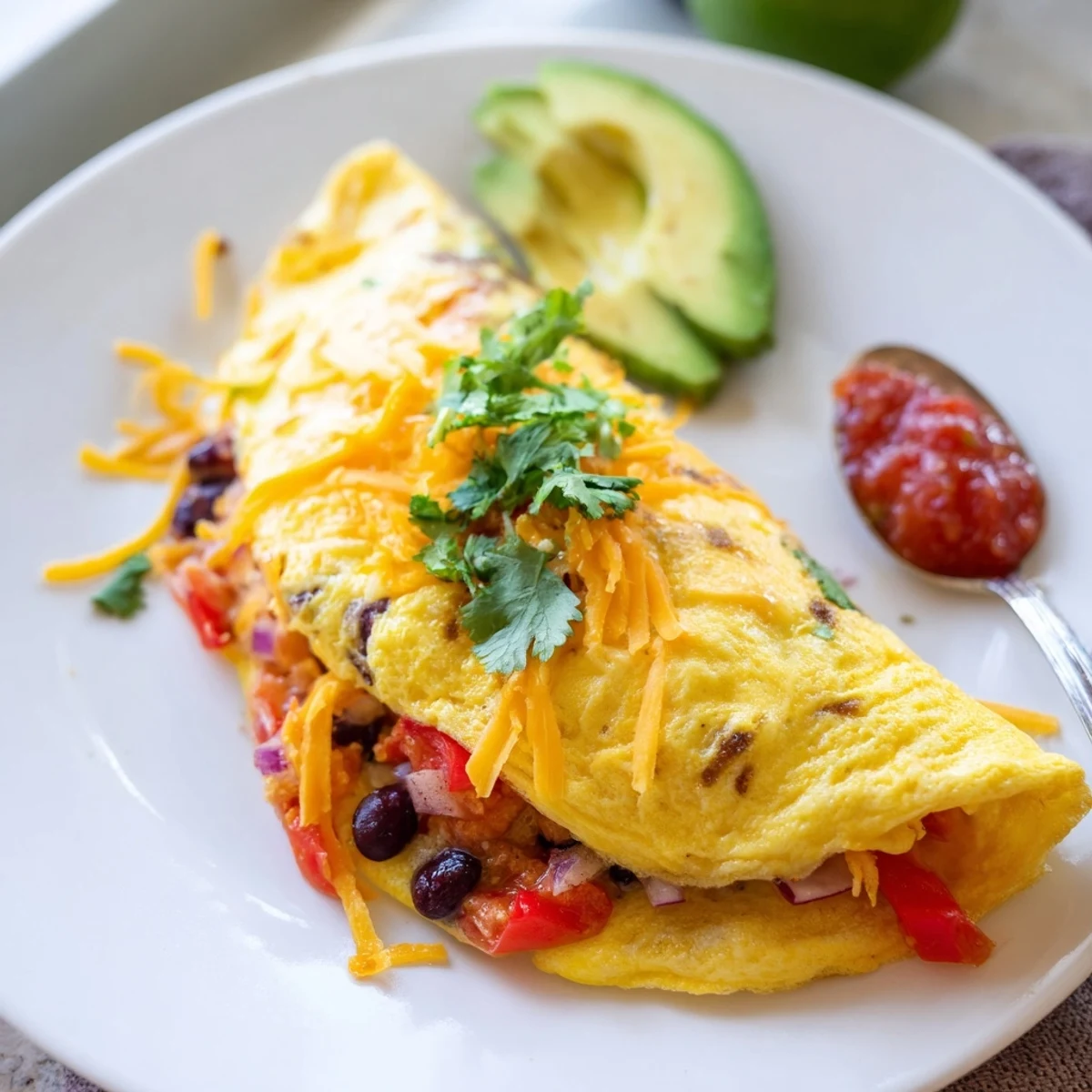 Spicy Mexican omelette filled with peppers, black beans, and fresh cilantro