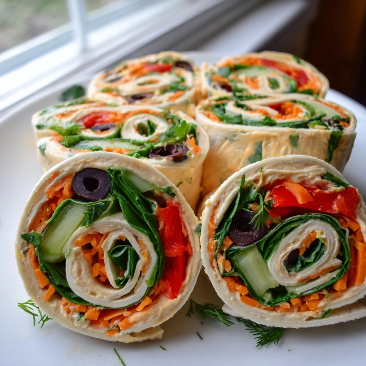 Colorful vegan picnic hummus veggie pinwheels sliced to reveal bright crisp vegetables
