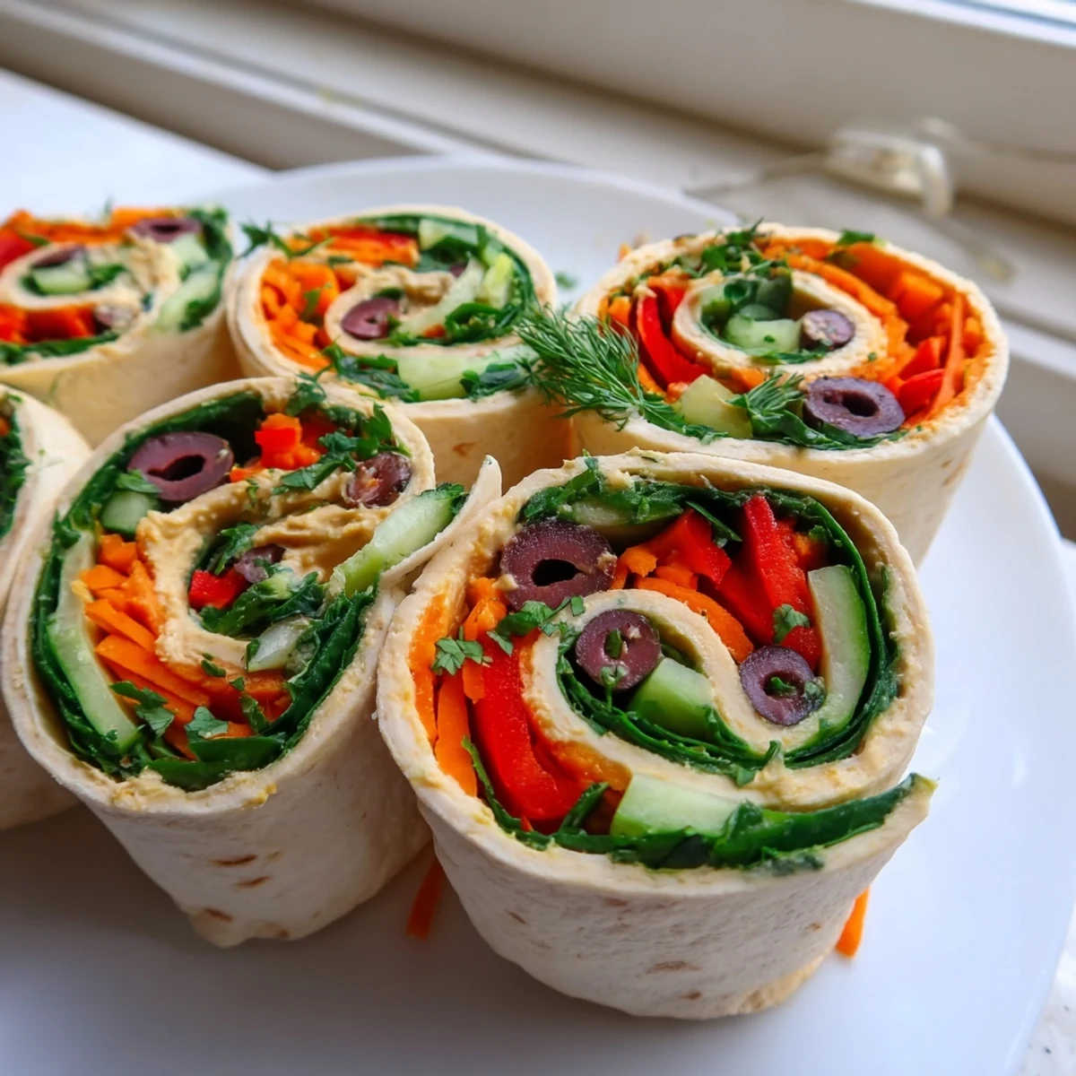 Creamy hummus veggie pinwheels wrapped in soft tortillas on a sunny platter
