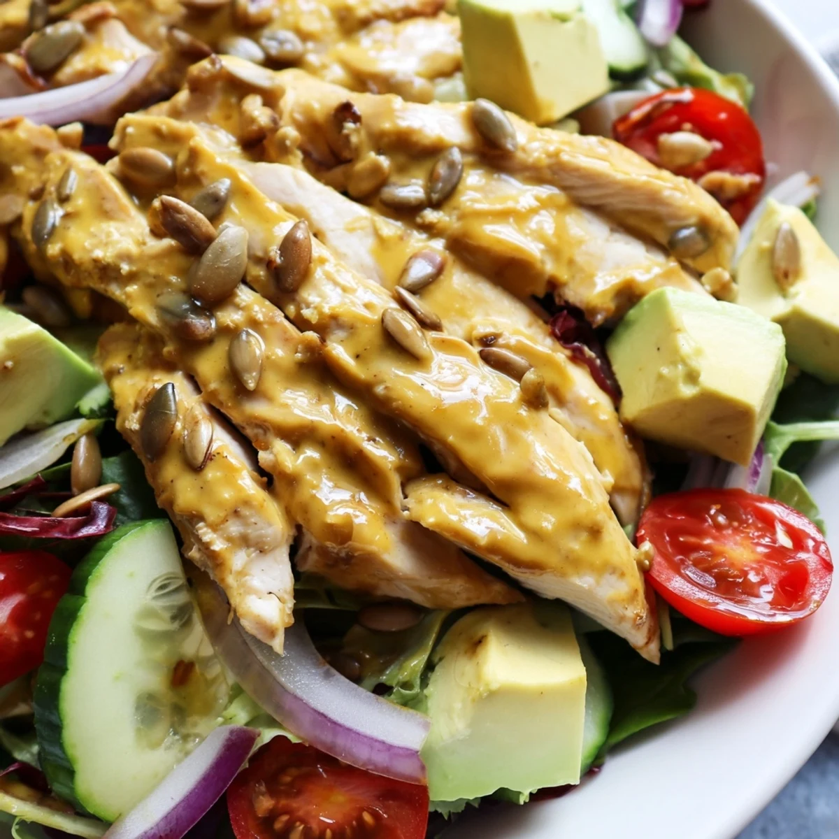 Sliced chicken drizzled with golden creamy honey mustard dressing over crisp romaine and cool cucumber rounds