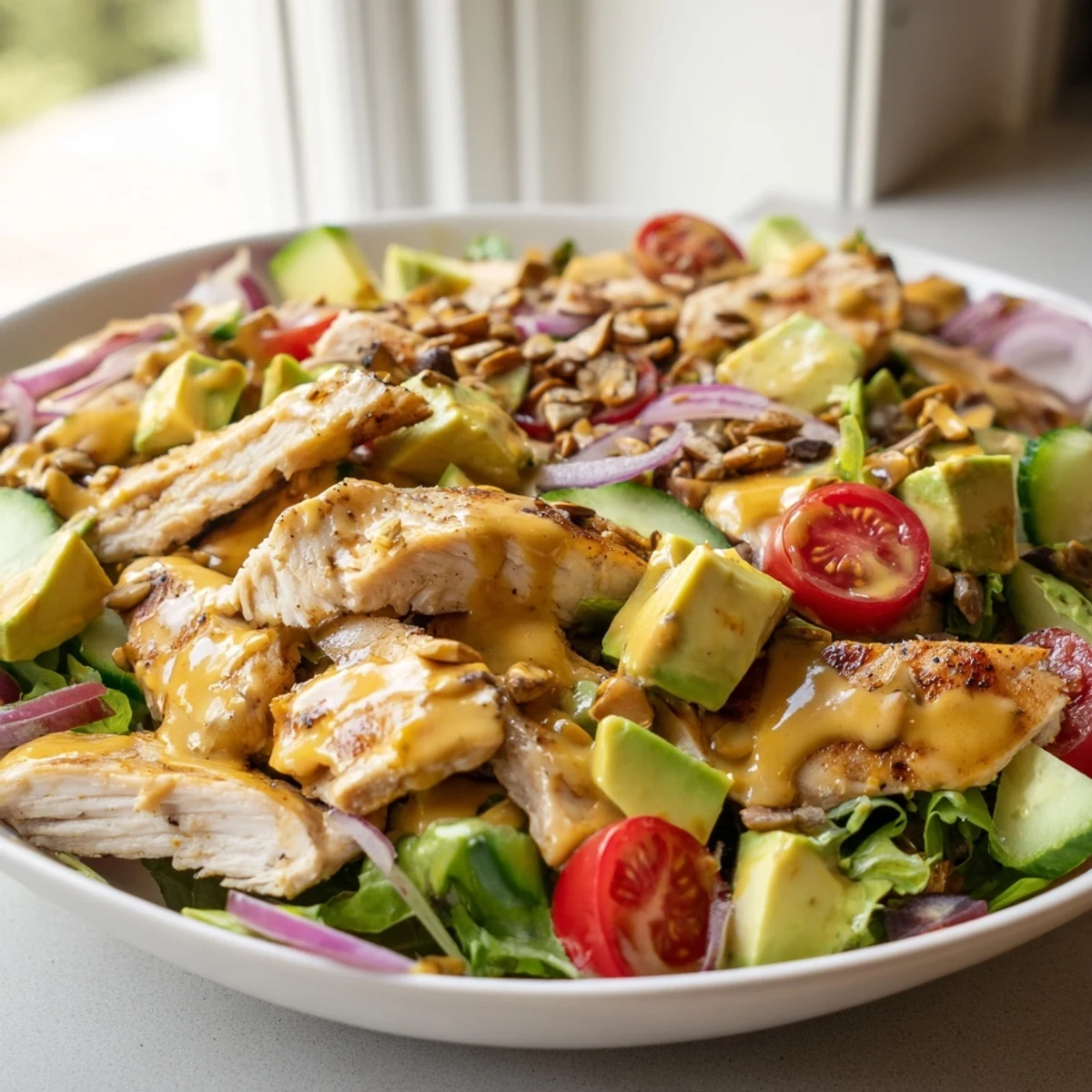 Creamy honey mustard chicken salad plated on a bed of fresh greens with juicy tomatoes and avocado