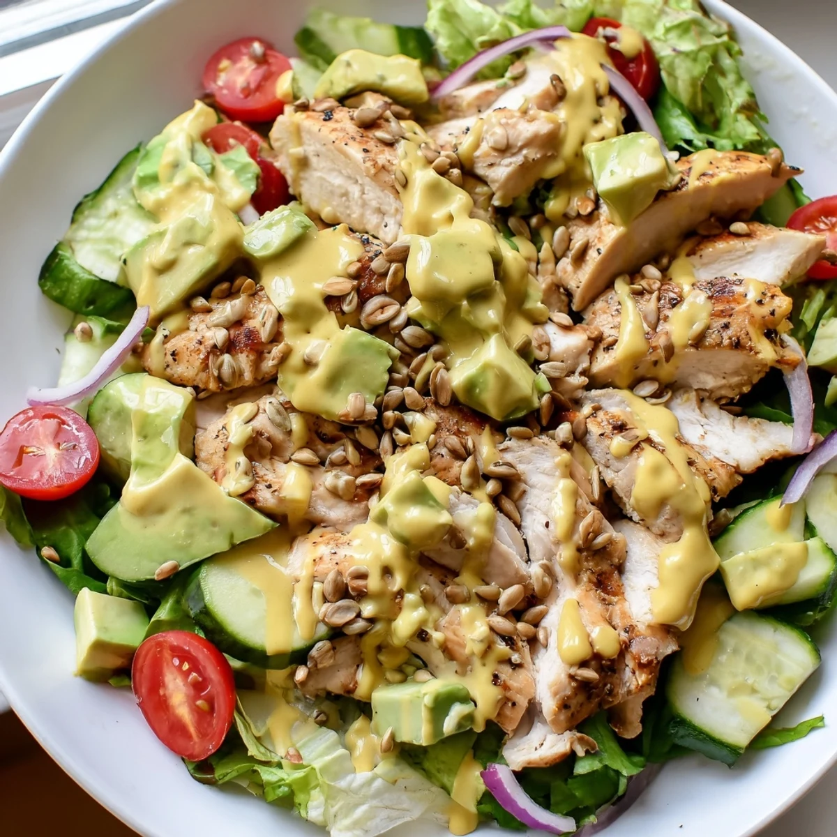 Warm seasoned chicken nestled among vibrant mixed greens topped with creamy honey mustard dressing and sunflower seeds