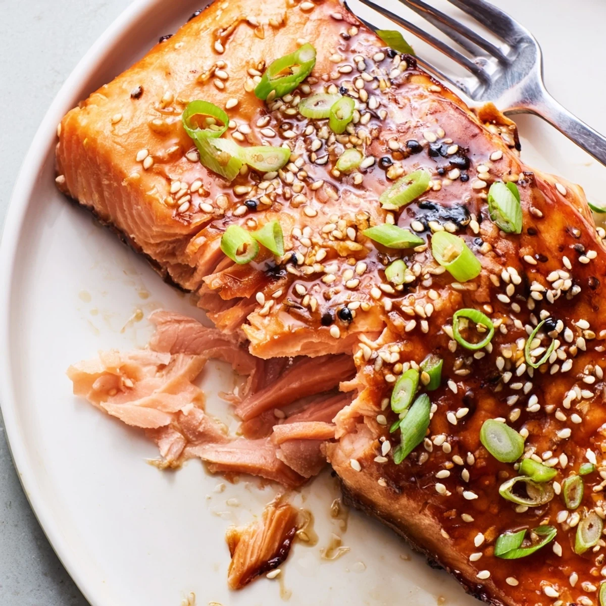 Glossy Baked Asian Salmon fillet drizzled with sticky soy glaze and sprinkled sesame seeds