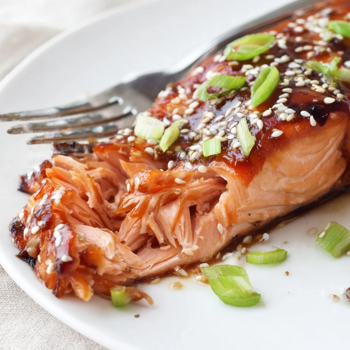 Golden Baked Asian Salmon topped with green onions on a parchment-lined baking sheet