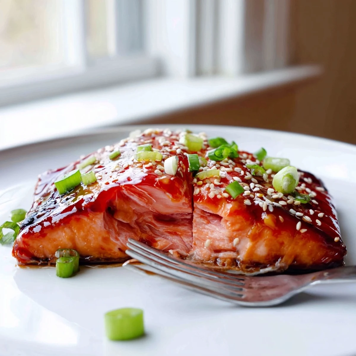 Tender flaky Baked Asian Salmon with caramelized edges served over a bed of steamed rice