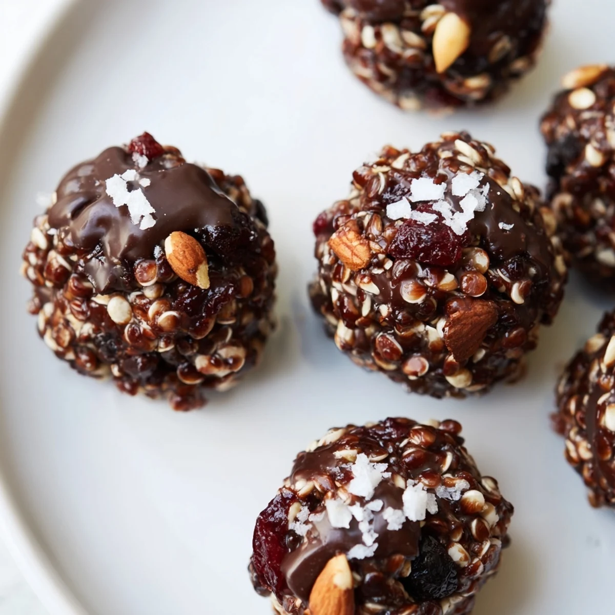 Glossy chocolate quinoa crunch bites studded with oats coconut and crunchy almonds