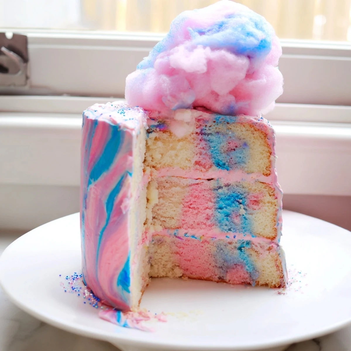 Cotton candy cake recipe with swirled pastel buttercream and fluffy pink and blue garnish