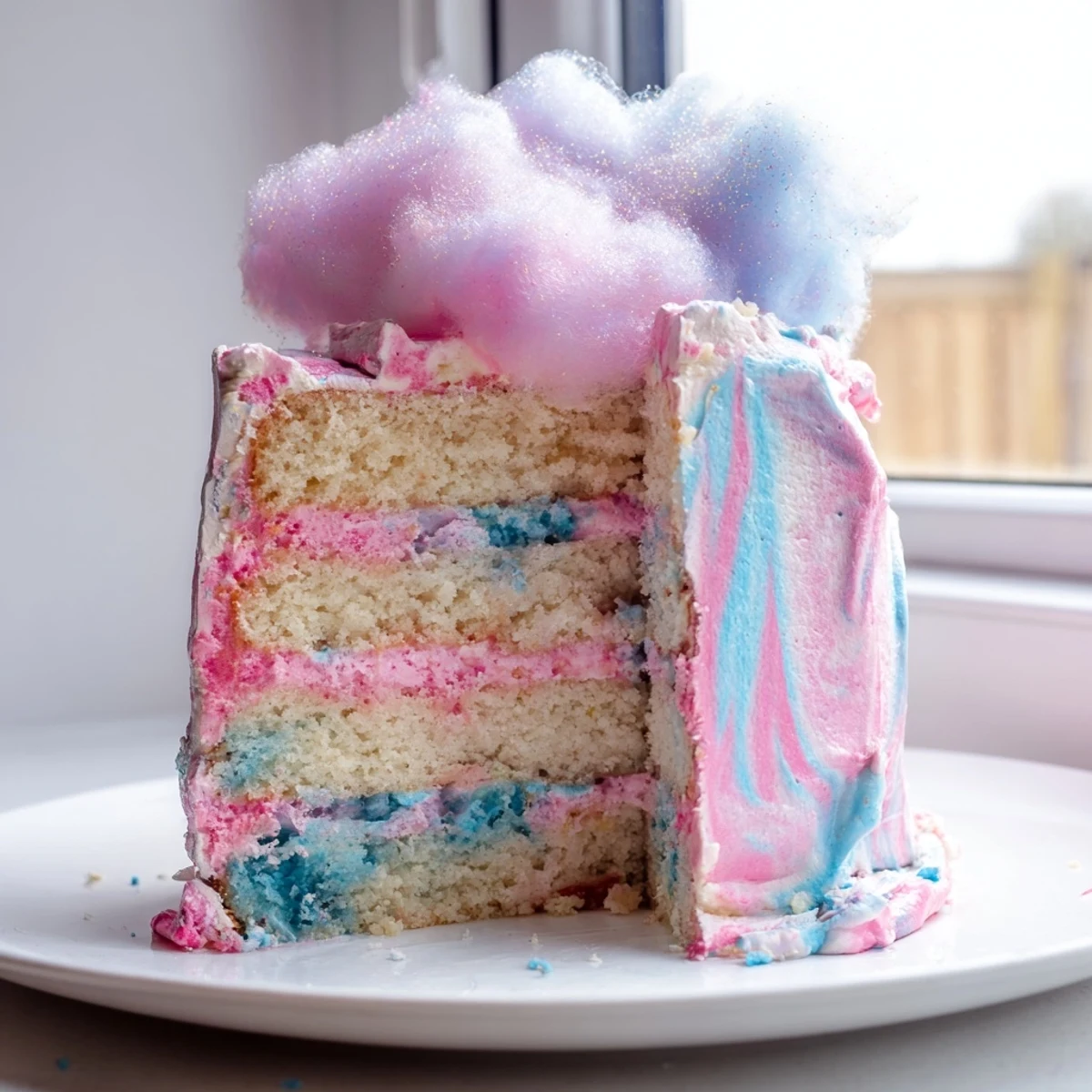 Slice of cotton candy cake recipe showing marbled layers topped with wispy spun sugar